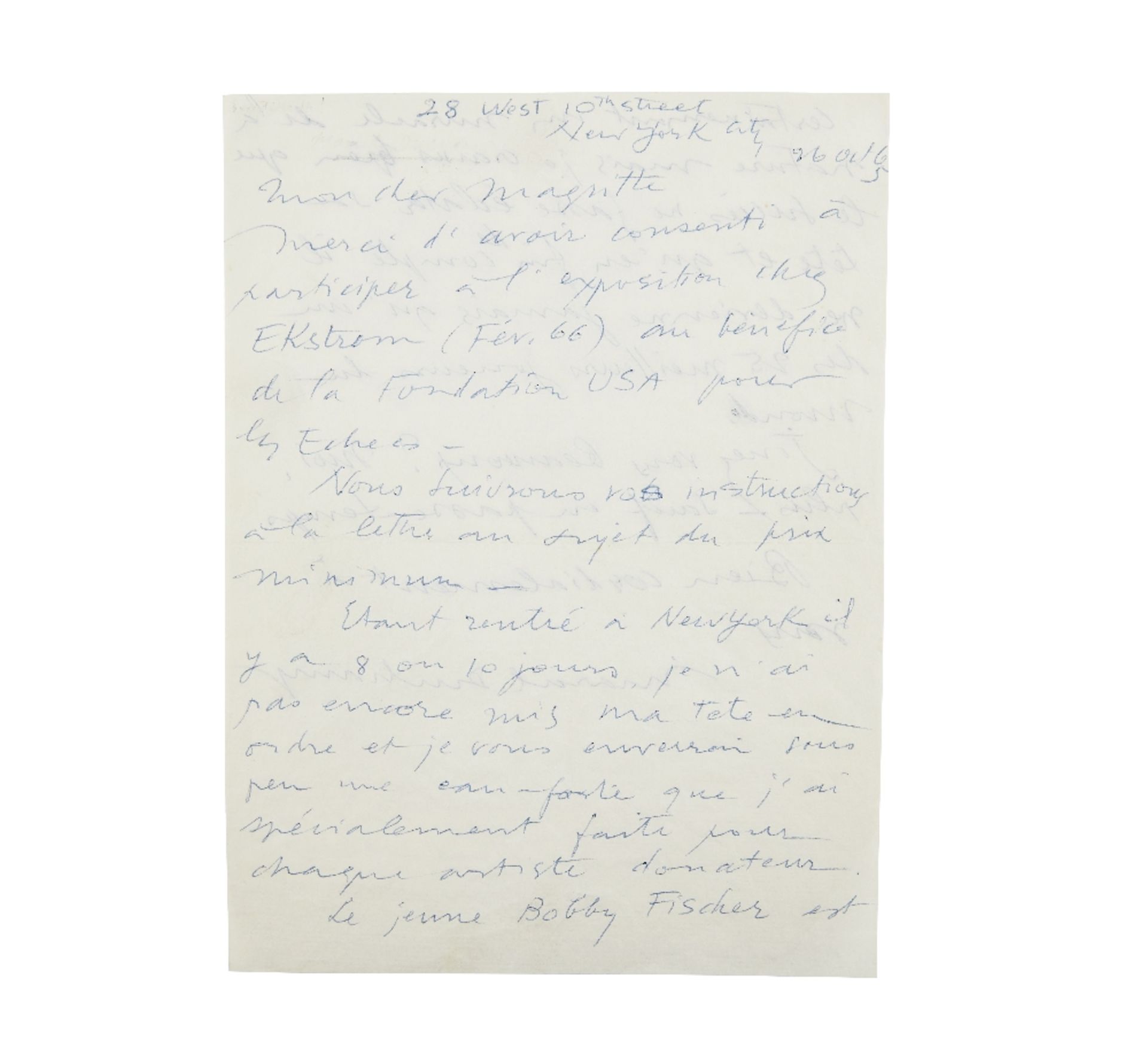 MARCEL DUCHAMP (1887-1968) LETTRE AUTOGRAPHE SIGN&#201;E &#224; Ren&#233; MAGRITTE. New-York, 26...