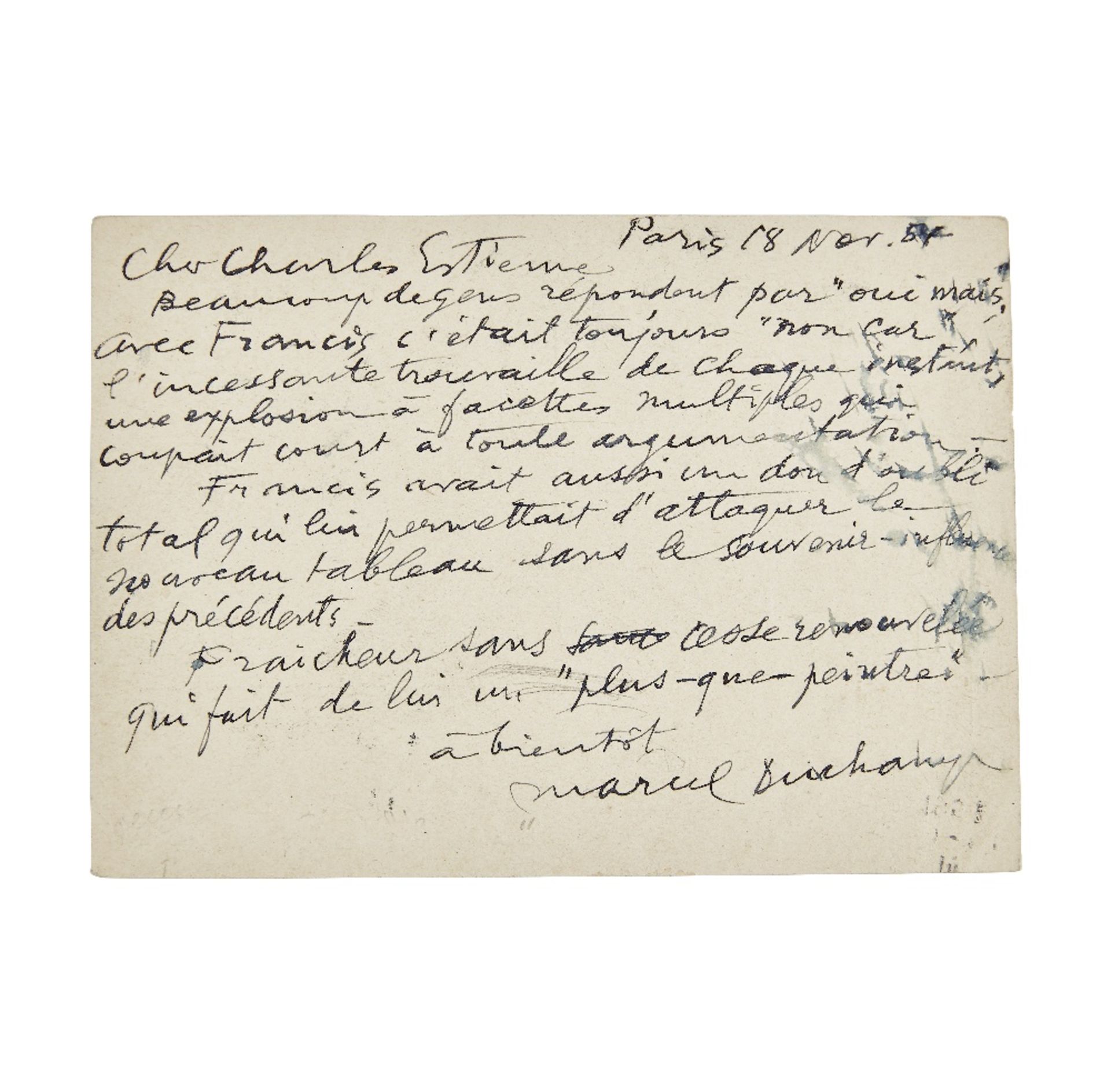 MARCEL DUCHAMP (1887-1968) CARTE-LETTRE AUTOGRAPHE SIGN&#201;E, &#224; Charles ESTIENNE, dat&#23...