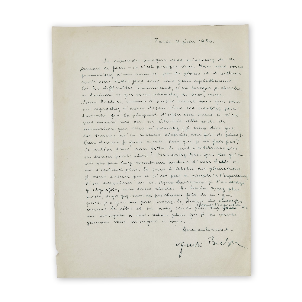 ANDR&#201; BRETON (1896-1966) LETTRE AUTOGRAPHE SIGN&#201;E &#224; Jean BRETON. Paris, 4 juin 19...