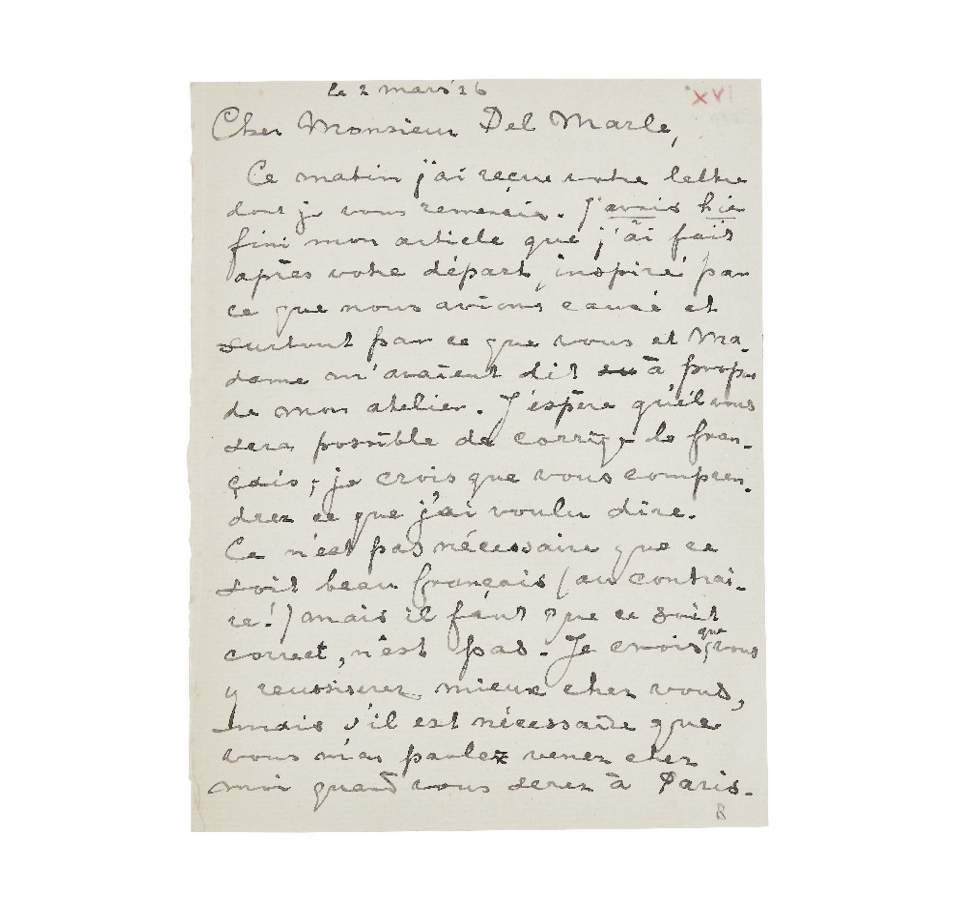 PIET MONDRIAN (1872-1944) 2 LETTRES AUTOGRAPHES SIGN&#201;ES &#224; DEL MARLE. Circa 1925, 1 pag...