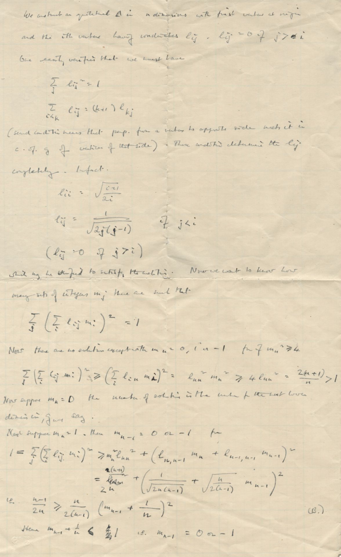 TURING (ALAN) Autograph mathematical calculations setting out a problem in n-dimensional geometr...