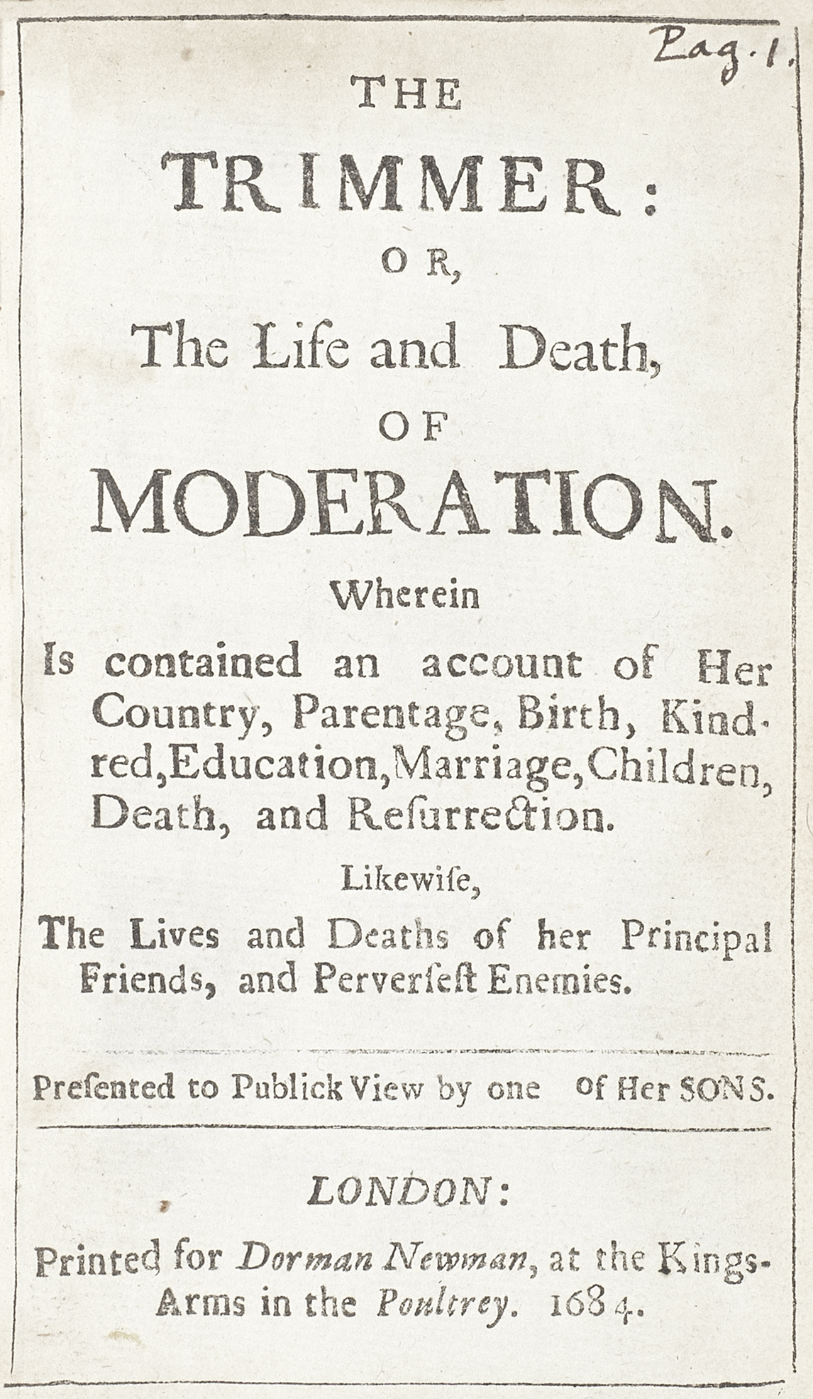 BRATHWAIT (RICHARD)] The Trimmer: Or, The Life and Death of Moderation, Dorman Newman, 1684