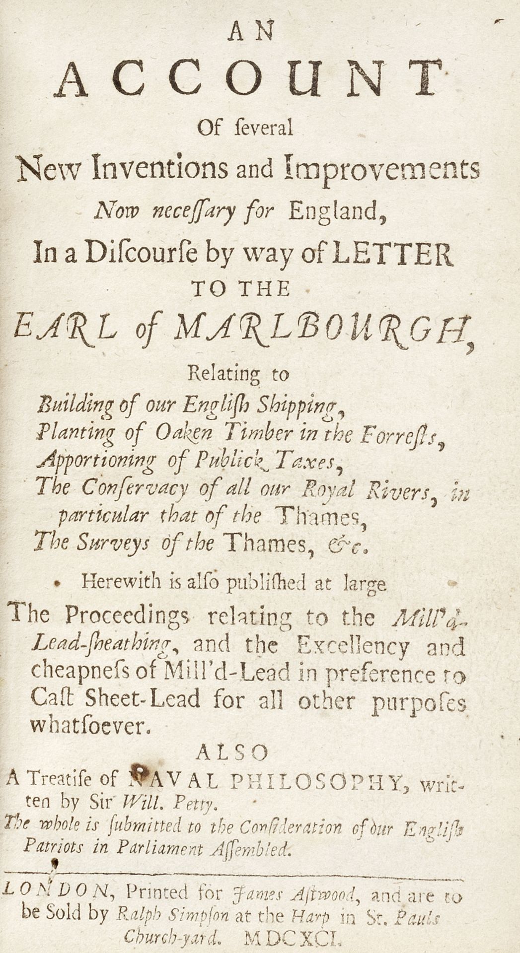 HALE (THOMAS) An Account of Several New Inventions and Improvements now Necessary for England, i...