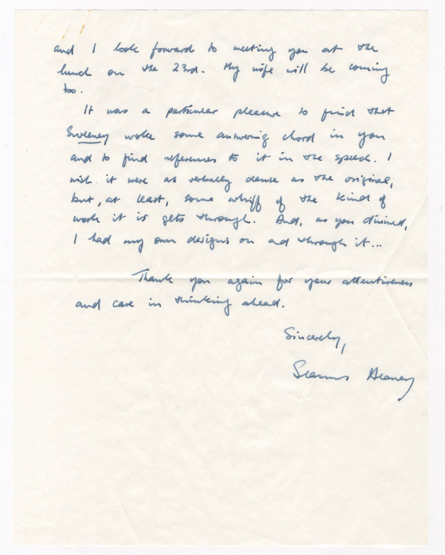 HEANEY (SEAMUS) Autograph letter signed to Brian Stone, with typescript of Alphabets and other ...