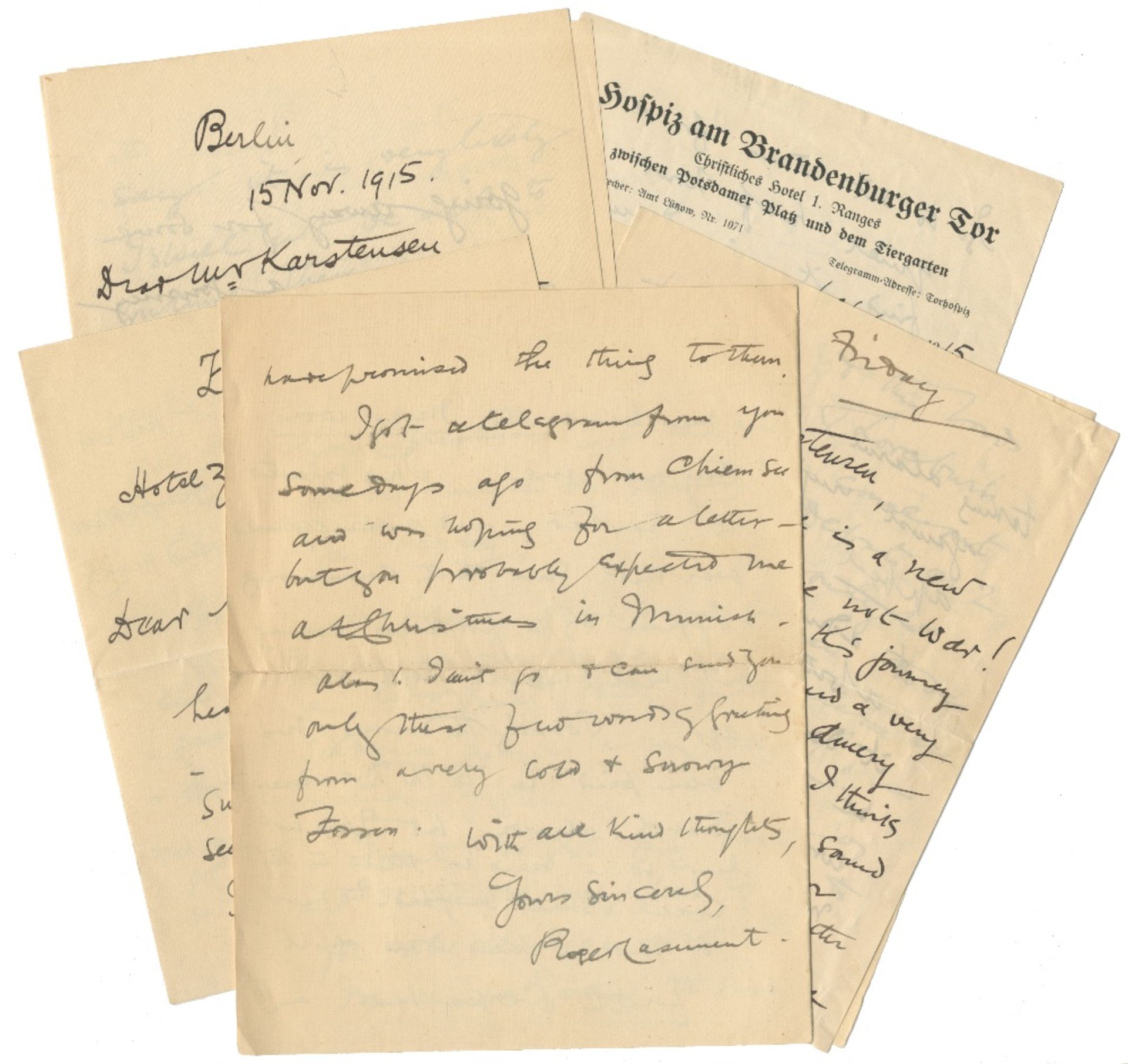CASEMENT (ROGER) Series of six autograph letters signed ('Roger Casement', 'R Casement') to Max