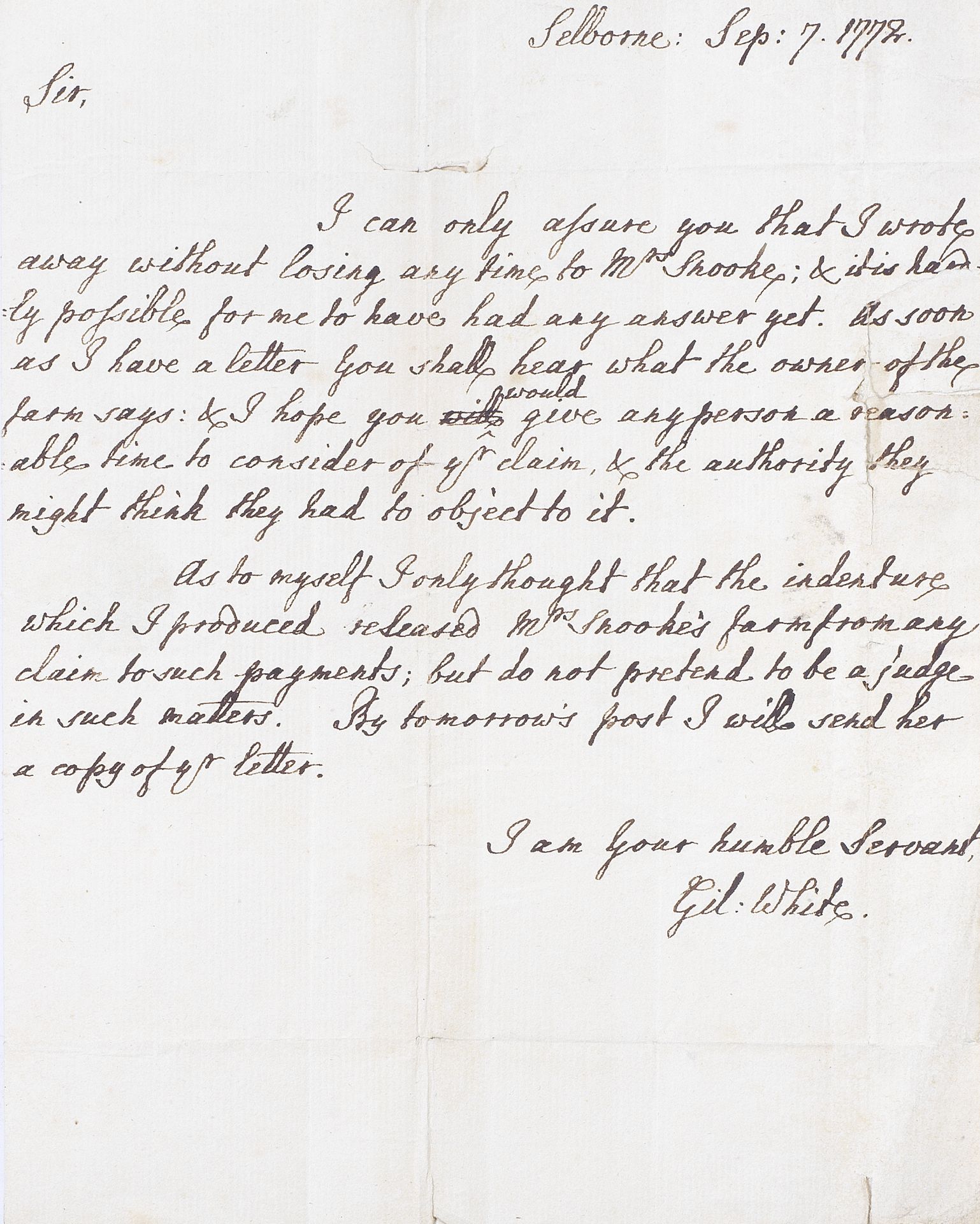 WHITE (GILBERT) Autograph letter signed ('I am your humble servant,/ Gil: White') to William Ric...