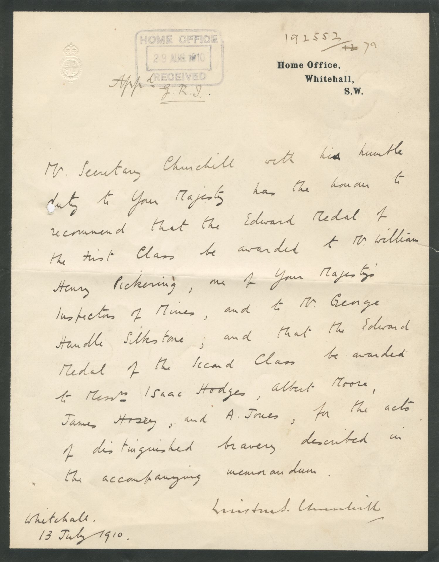 CHURCHILL (WINSTON) Autograph letter signed ('Winston S. Churchill'), Whitehall, 13 July 1910