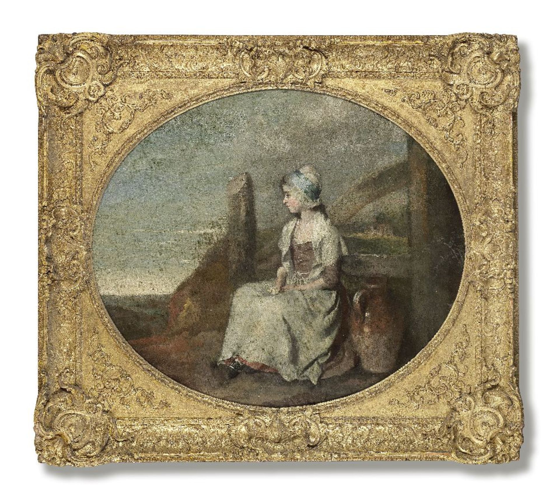 English School, circa 1800 Study of a girl seated by a well