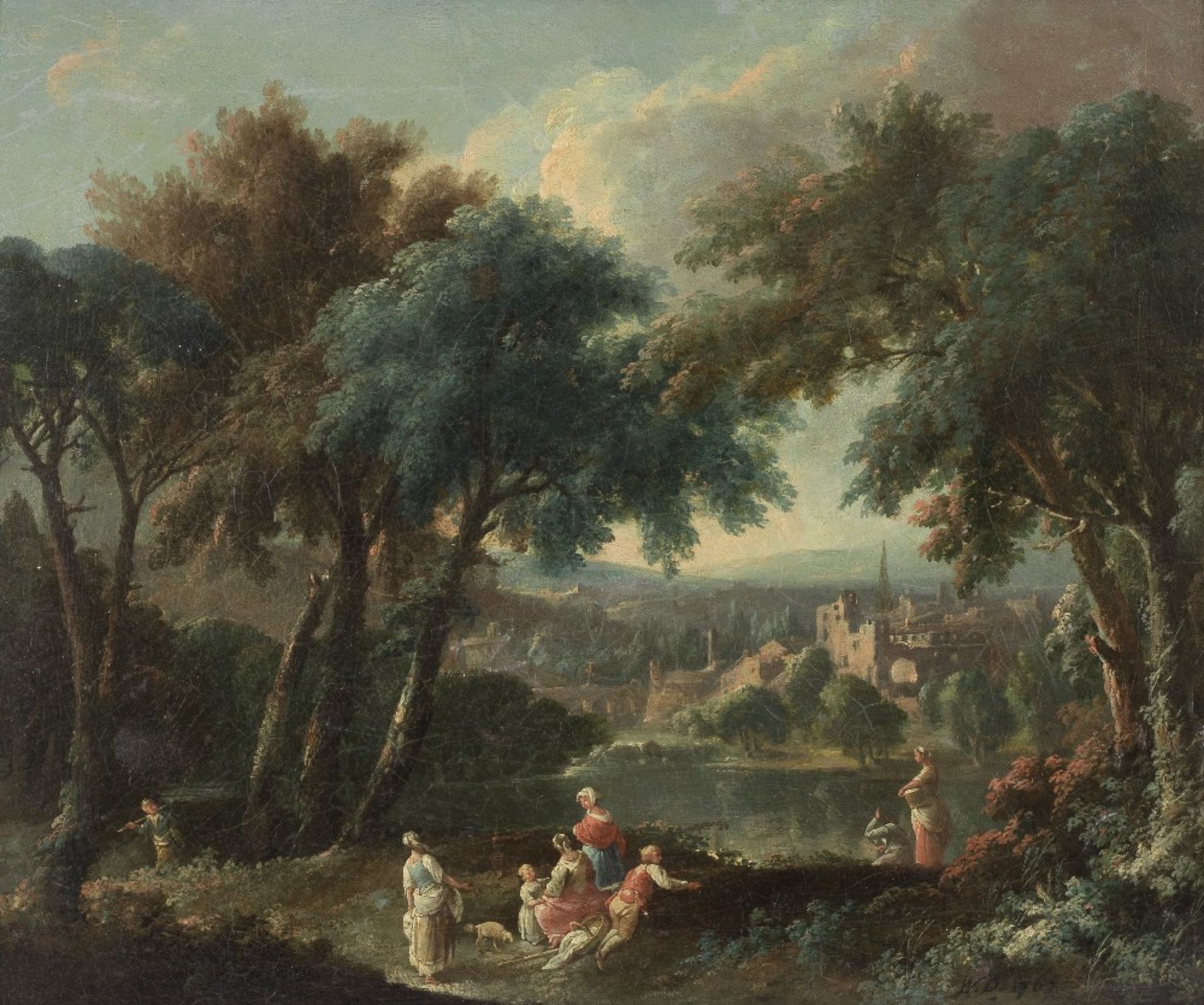 French School, 1765 Figures by a lake in a wooded landscape