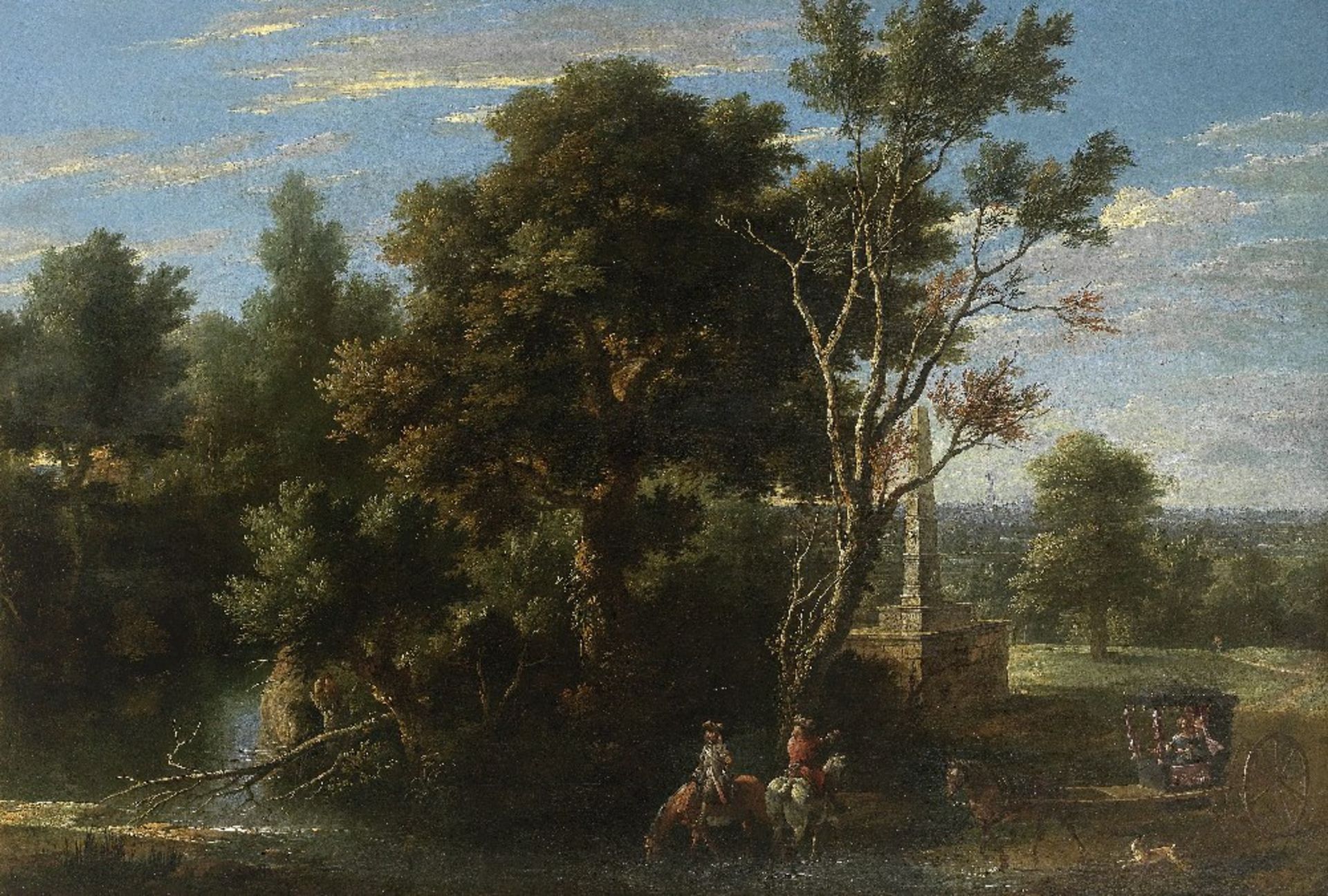 Gaspar de Witte (Antwerp 1624-1681) Travellers resting by a river