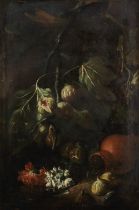 Neapolitan School, late 17th Century Figs beside an overturned earthenware jug of carnations; an...