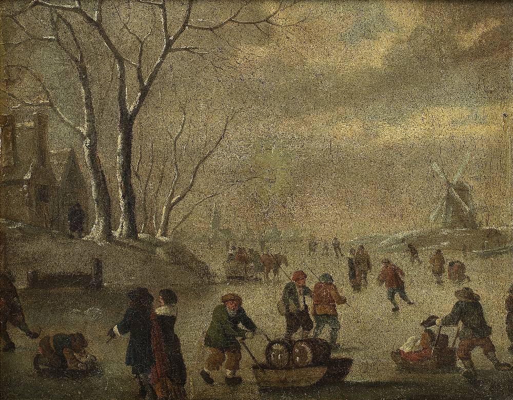 Follower of Willem Gillesz. Kool (Haarlem 1608-1666) Figures skating on a frozen river before a...