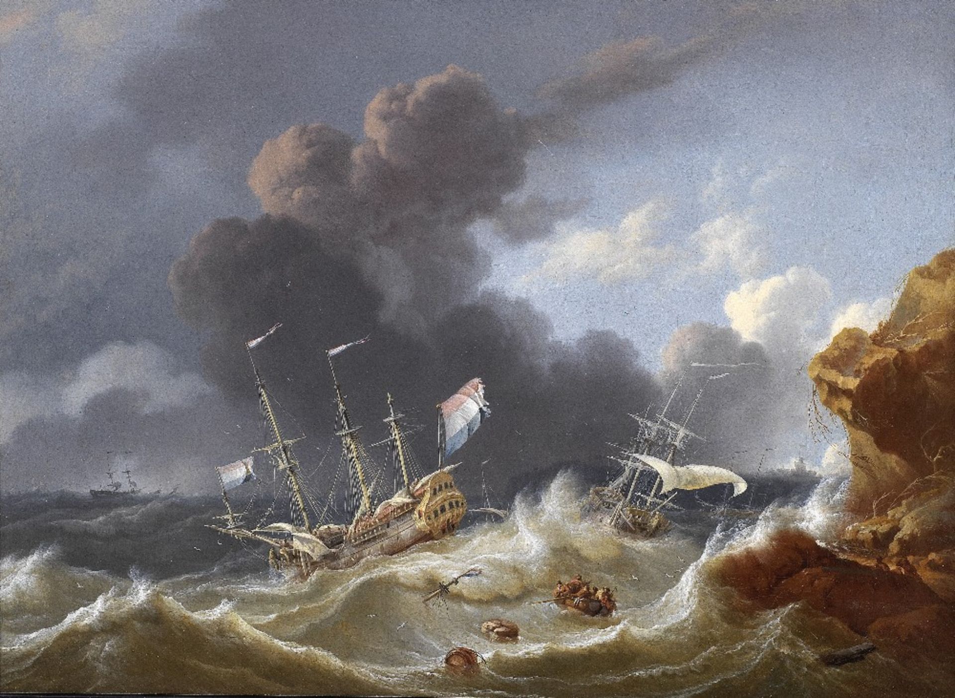 Hendrik Rietschoof (Hoorn 1687-1746 Koog) A Dutch Man-of-War and other boats in a stormy sea