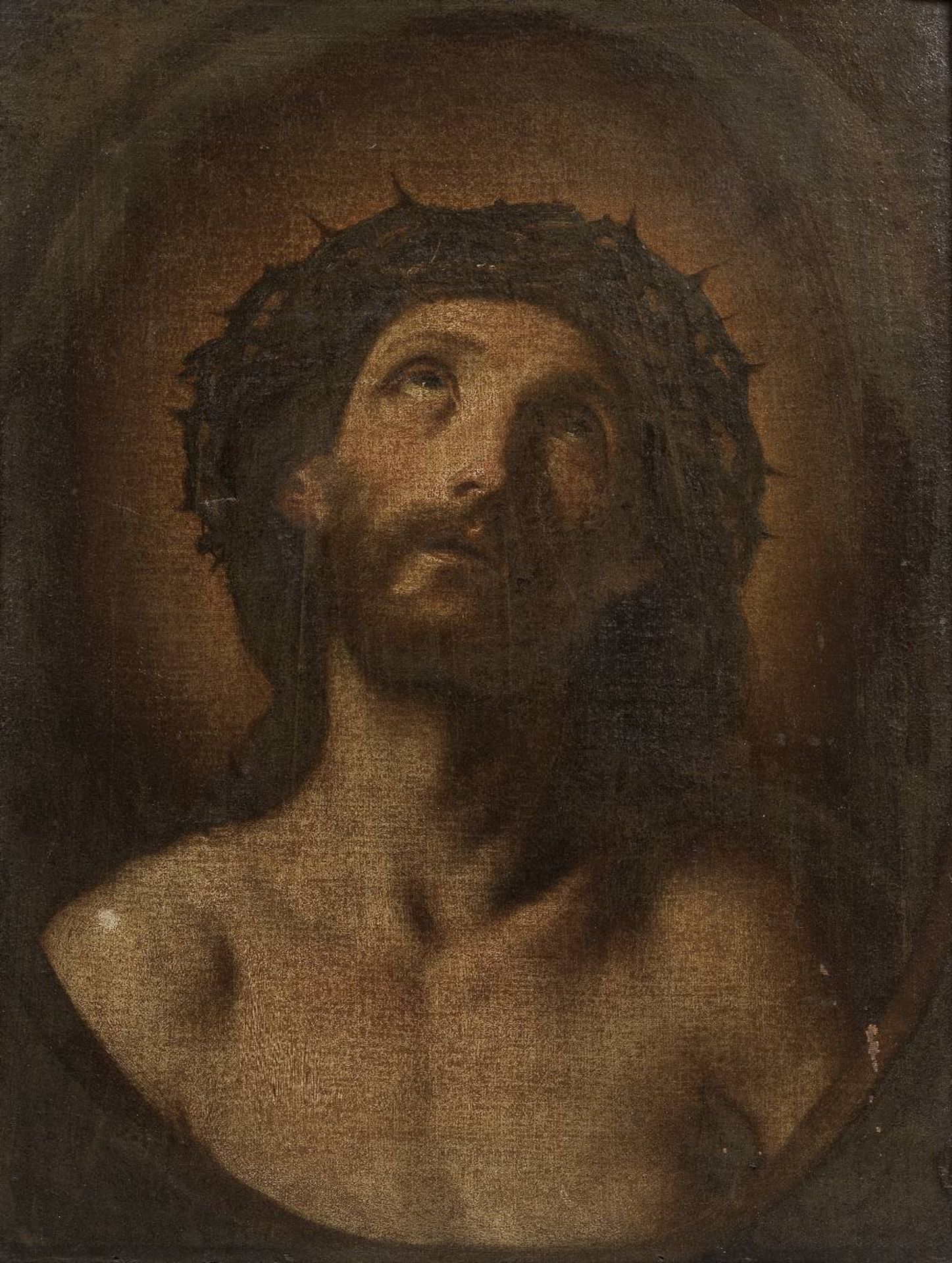 After Guido Reni, 17th Century Head of Christ crowned with thorns, painted as an oval