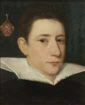 Flemish School, 17th Century Portrait of a gentleman, bust-length, in black costume with a white...