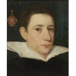 Flemish School, 17th Century Portrait of a gentleman, bust-length, in black costume with a white...