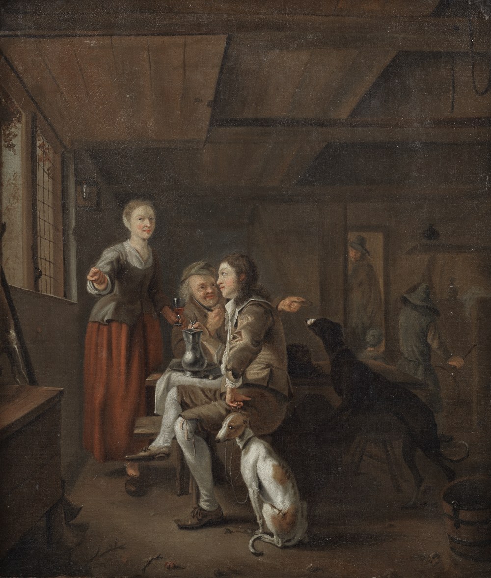 After Ludolf de Jongh, 18th Century Hunters and a landlady in a tavern interior