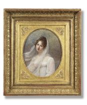 French School, 1815 Portrait of a lady, half-length, in a white dress and headdress