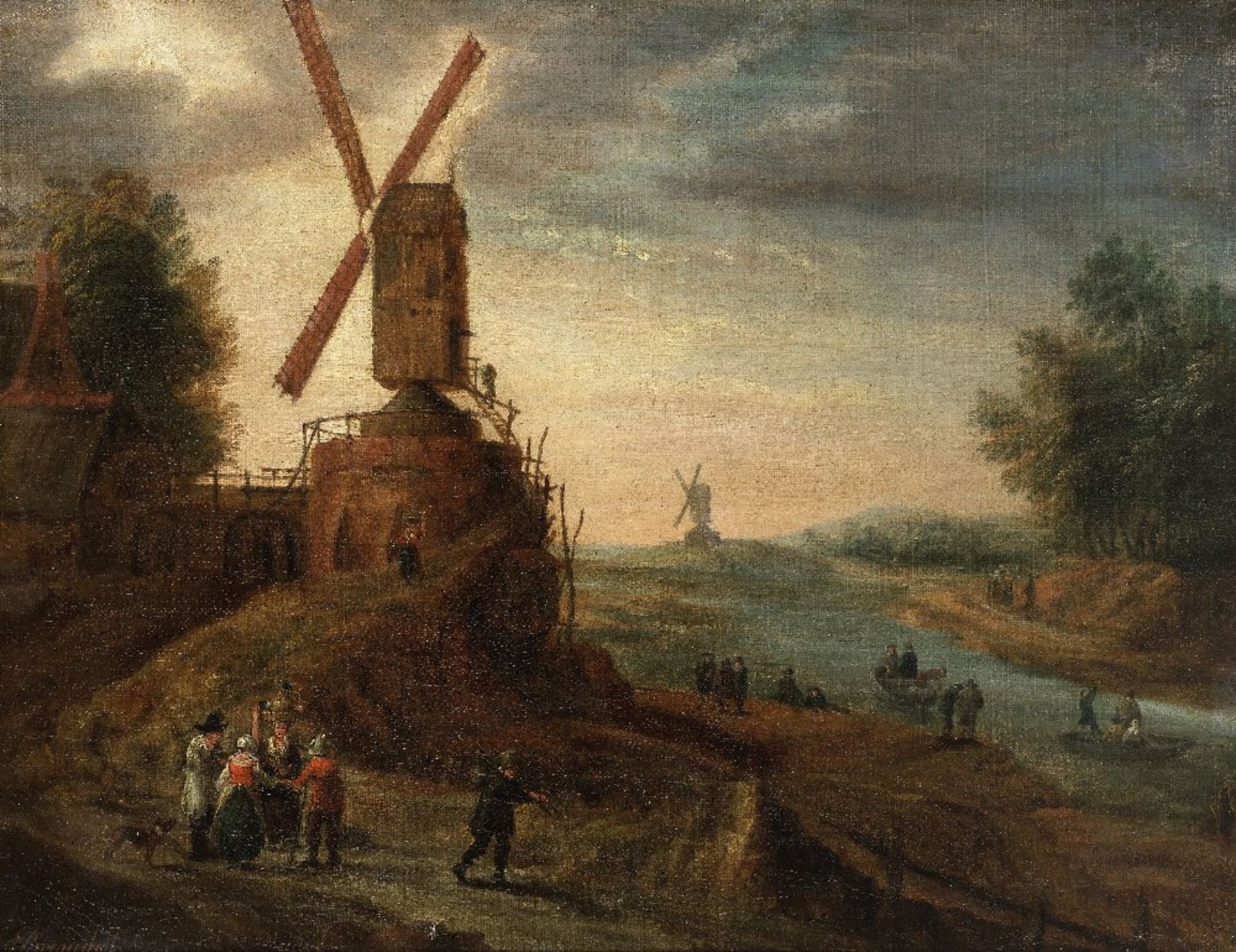 Manner of Jan Brueghel the Younger, 18th Century Figures in a landscape with mills and a river