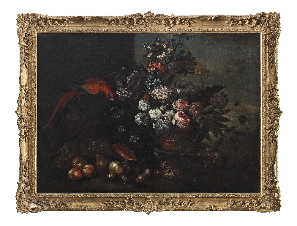 French School, 17th Century Still life with flowers in a basket, a parrot and fruit before a l...