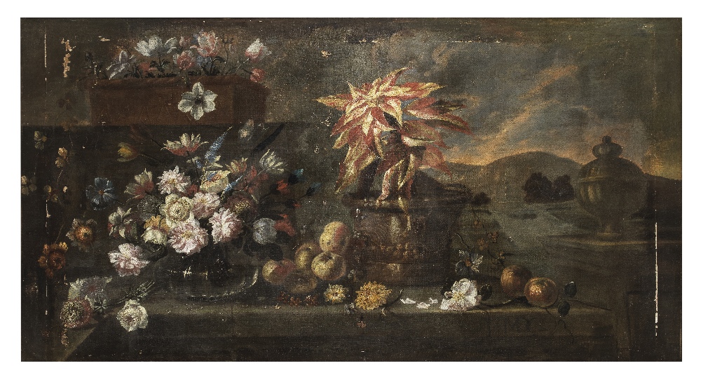 Neapolitan School, 17th Century Flowers in a glass vase with a potted amaranthus tricolour with ...