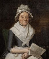 James Millar (Birmingham 1740-1805) Portrait of a lady, half-length, seated, in blue and white, ...
