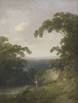 Joshua Shaw (Billingborough 1776-1860 New Jersey) A boy fishing with his dog in a landscape