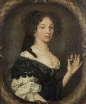 English School, 17th Century Portrait of a lady, said to be Ann Curren, half-length, holding a p...