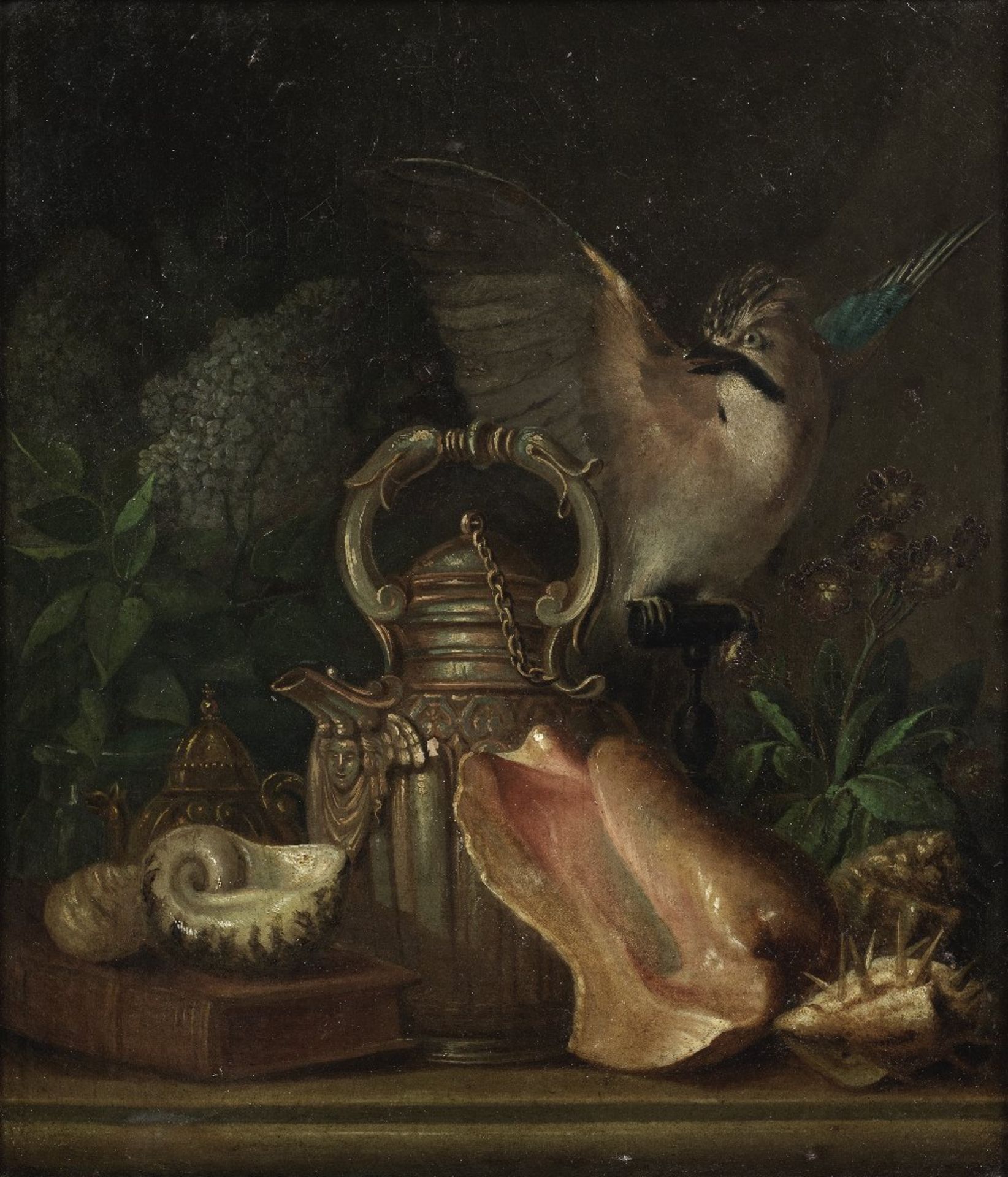 French School, early 19th Century A still life of shells with books, a bunch of lilac, primulas ...