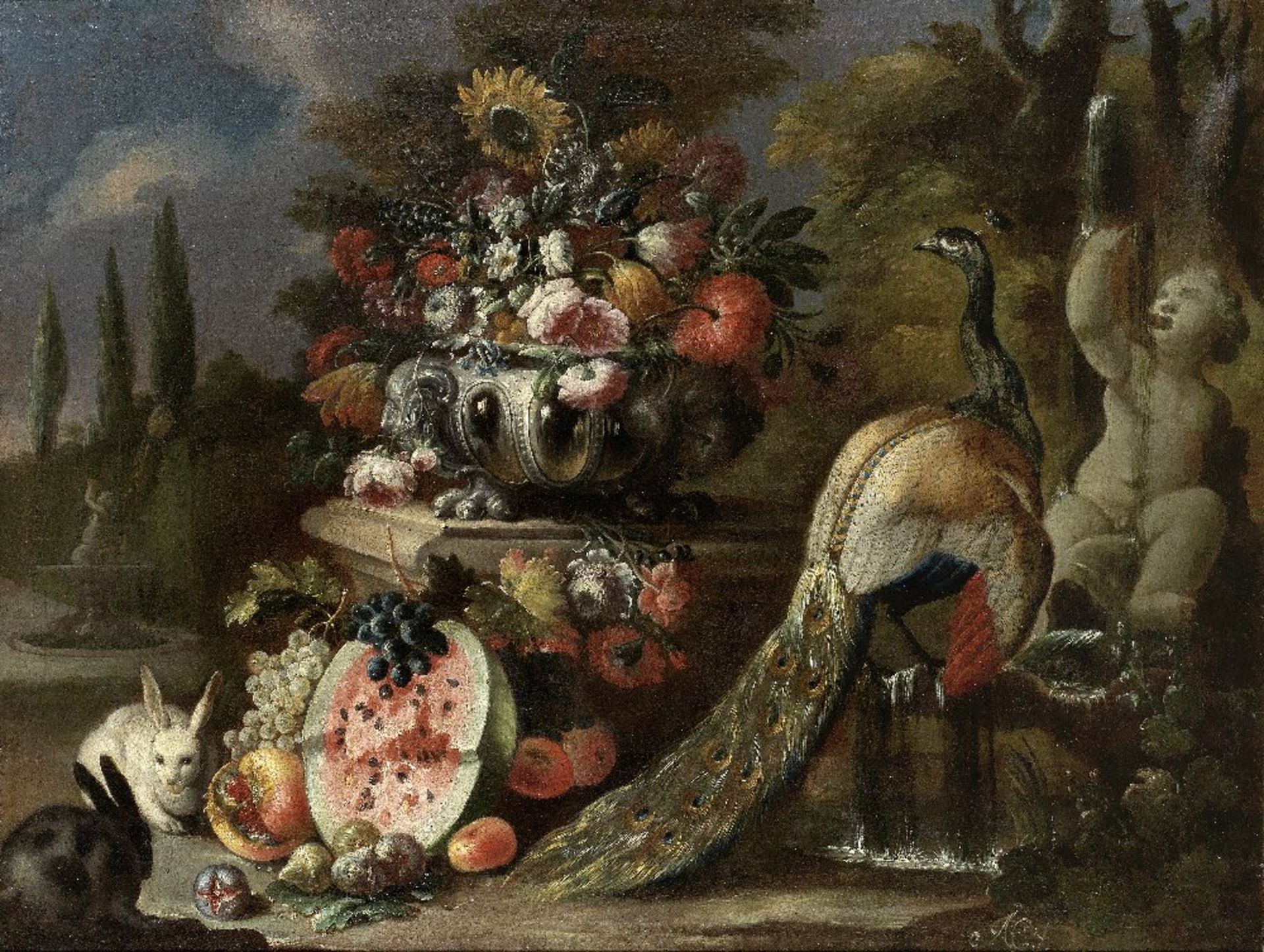 Nicola Casissa (active Naples, circa 1730) A still life of flowers in a vase on a stone pedestal...