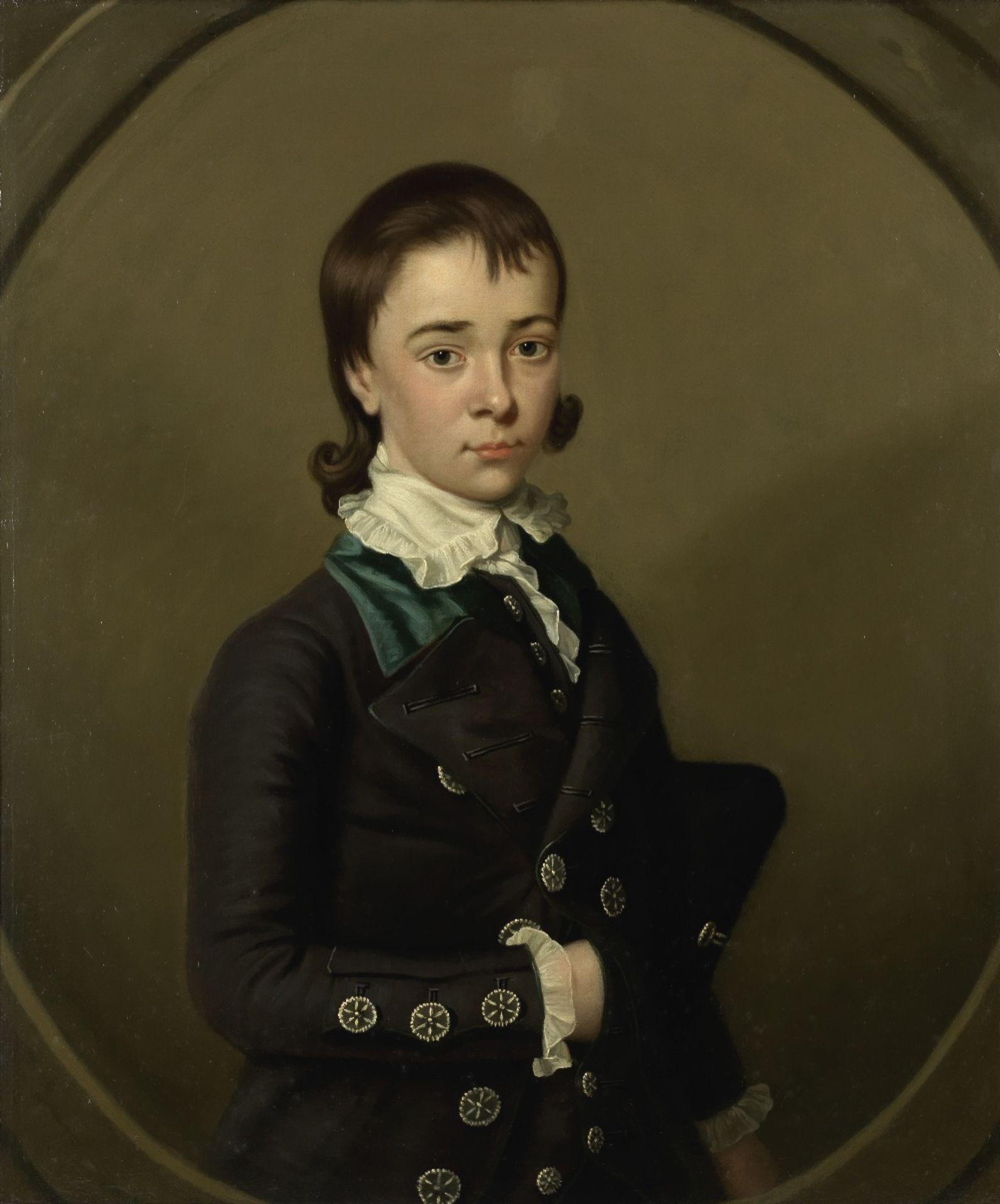 Circle of Joseph Wright of Derby (Derby 1734-1797) Portrait of a young boy, half-length, in a gr...