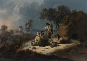Jean-Baptiste Pillement (Lyon 1728-1808) A landscape scene with figures and sheep on a hill unfr...