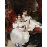 George Henry Harlow (London 1787-1819) A portrait of two girls, full-length, with a dog before a...