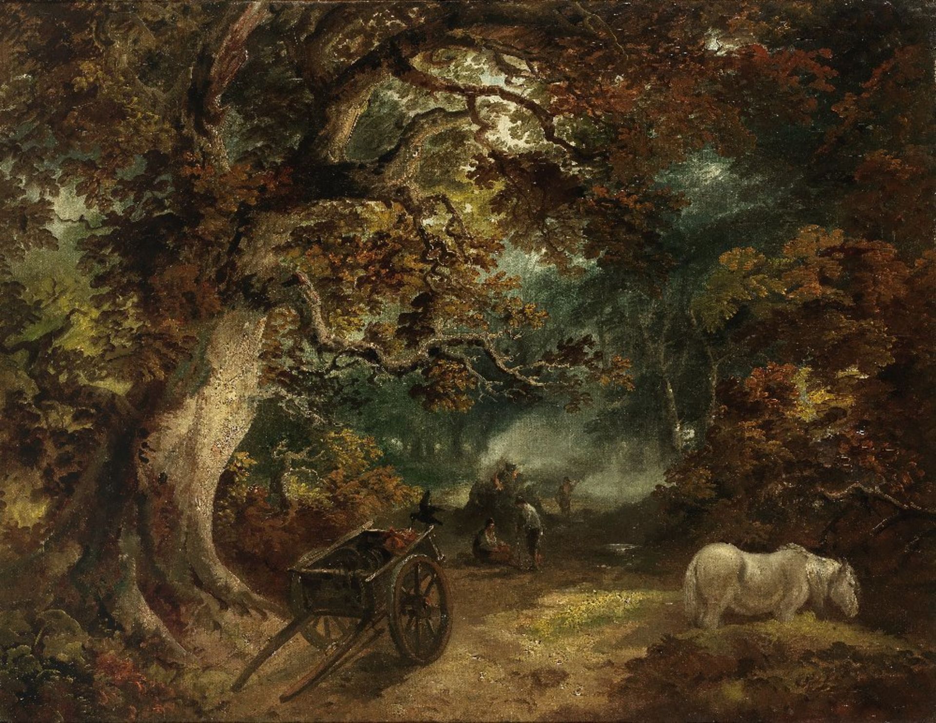 Benjamin Barker of Bath (1776-1838 Totnes) A wooded landscape with figures resting by a fire wit...