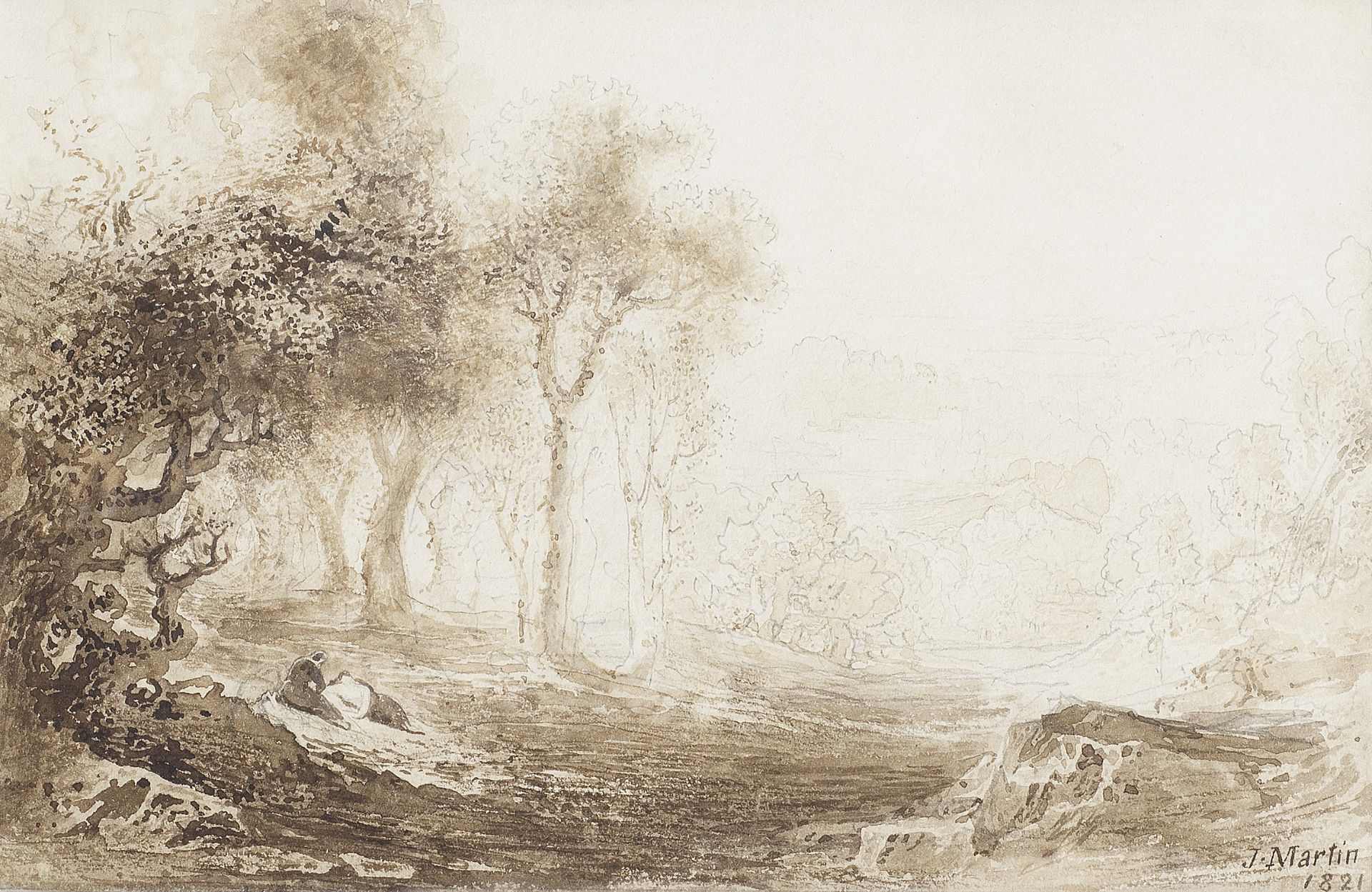 John Martin (Haydon Bridge 1789-1854 Isle of Man) A woodland with reclining figures