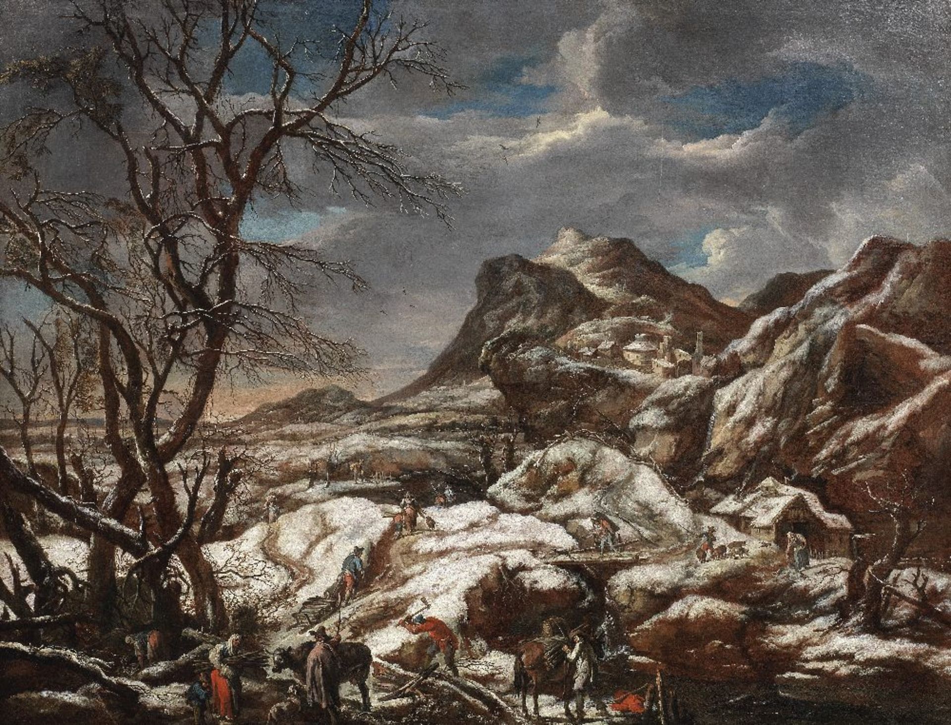 Studio of Francesco Foschi (Ancona 1710-1780 Rome) A mountainous winter landscape with figures c...