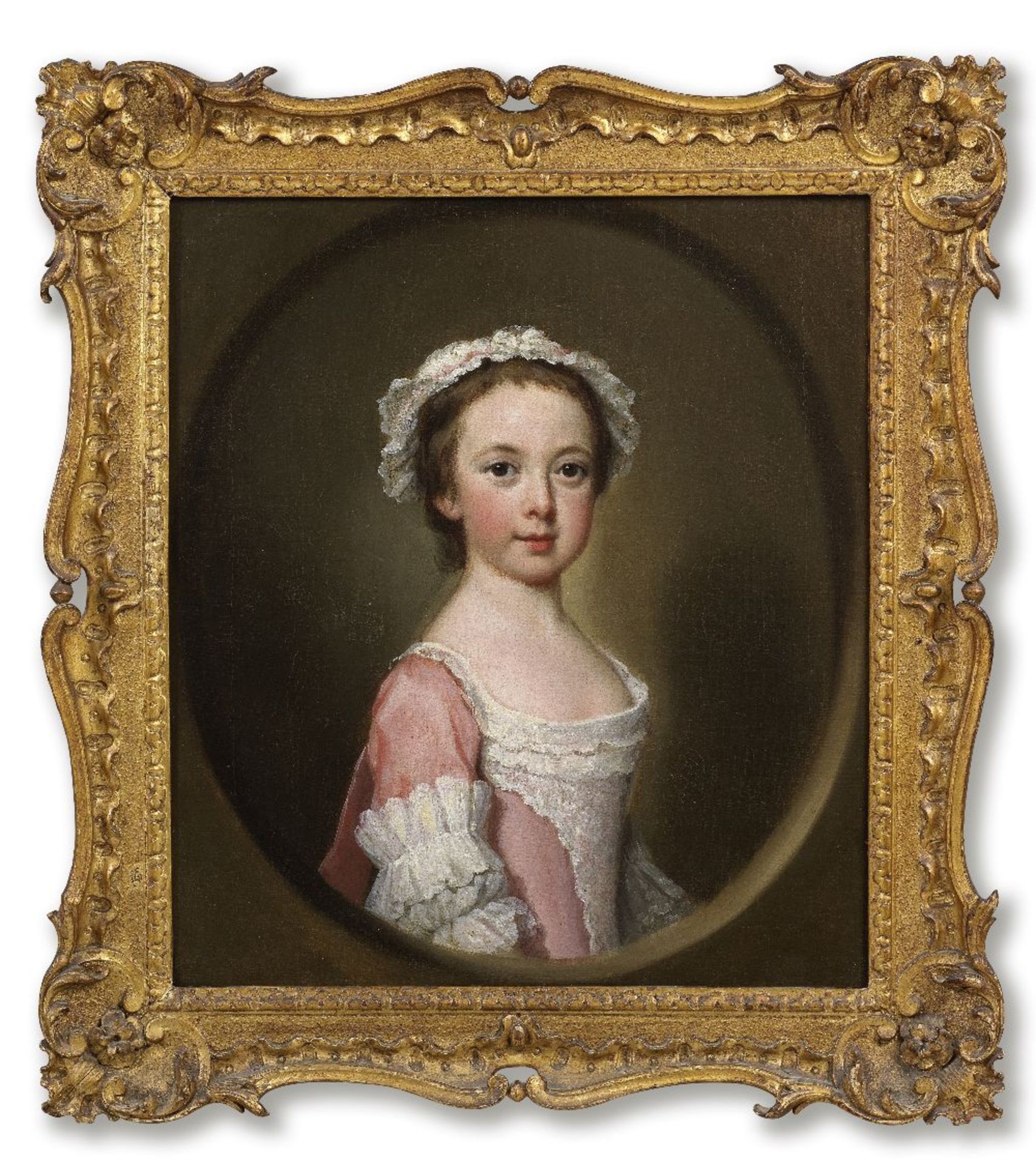 George Knapton (London 1698-1778) Portrait of a girl, half-length, in a pink and white dress, wi...