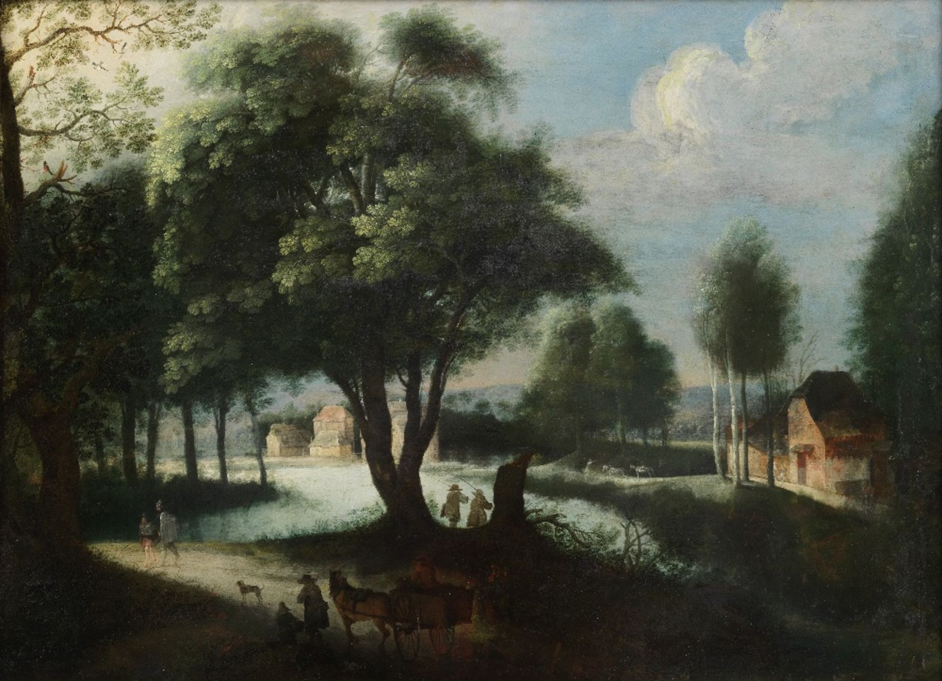 After Adriaen van Stalbemt, 18th Century A river landscape with travellers on a wooded path