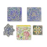 Ensemble de cinq carreaux de pavement, Perse et Espagne XIXe si&#232;cle A group of pottery tile...