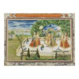 Krishna et Radha et leurs suivantes sur une terrasse devant un paysage, gouache et or sur papier...