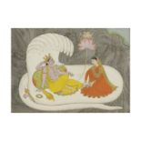 Vishnu allong&#233; sur le serpent Shesha, avec Lakhshmi et Brahma assis sur un lotus, gouache e...