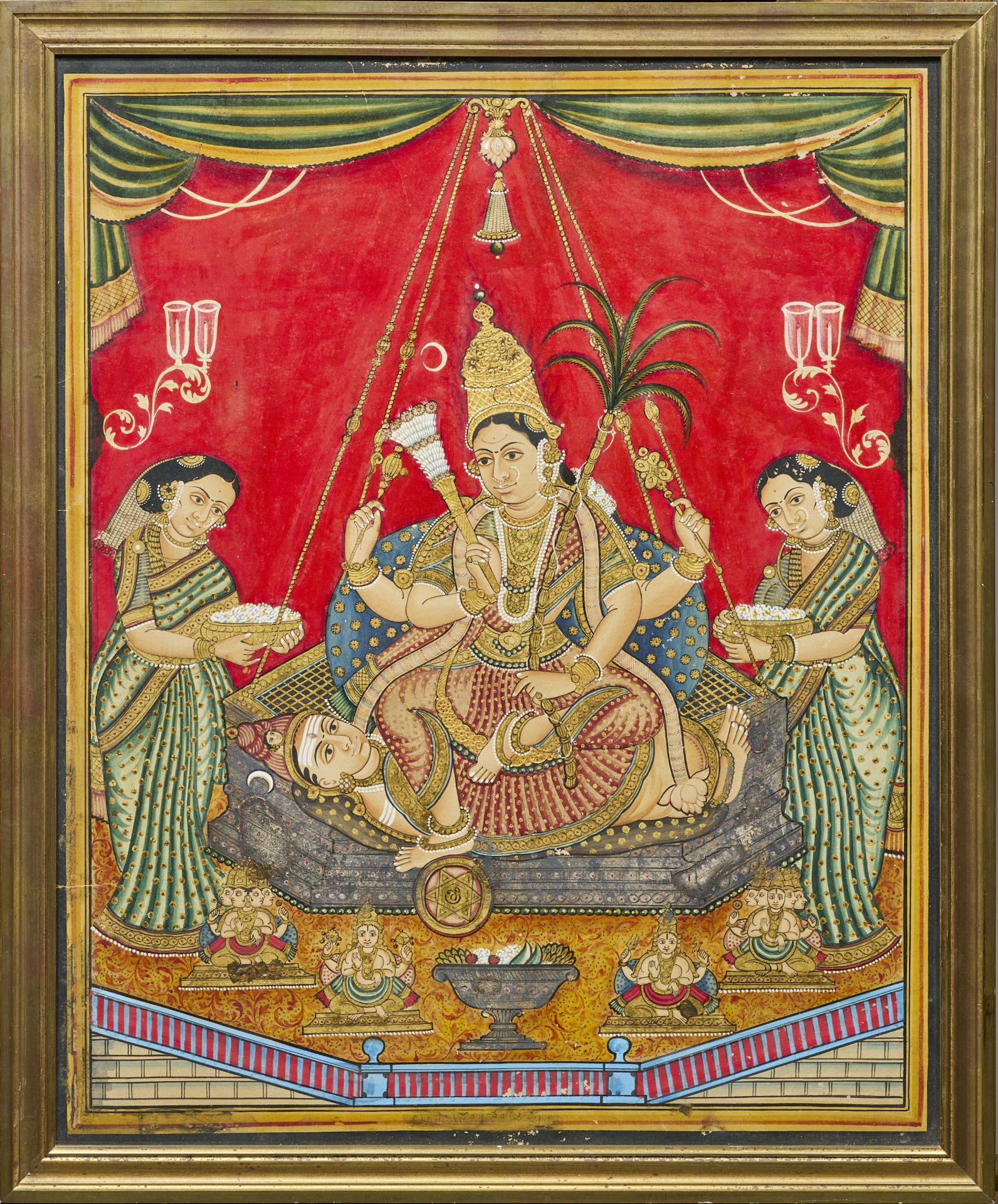 Shodashi, l'un des Mahavidyas, tr&#244;nant sur Shiva, avec deux femmes dispersant des fleurs, g...