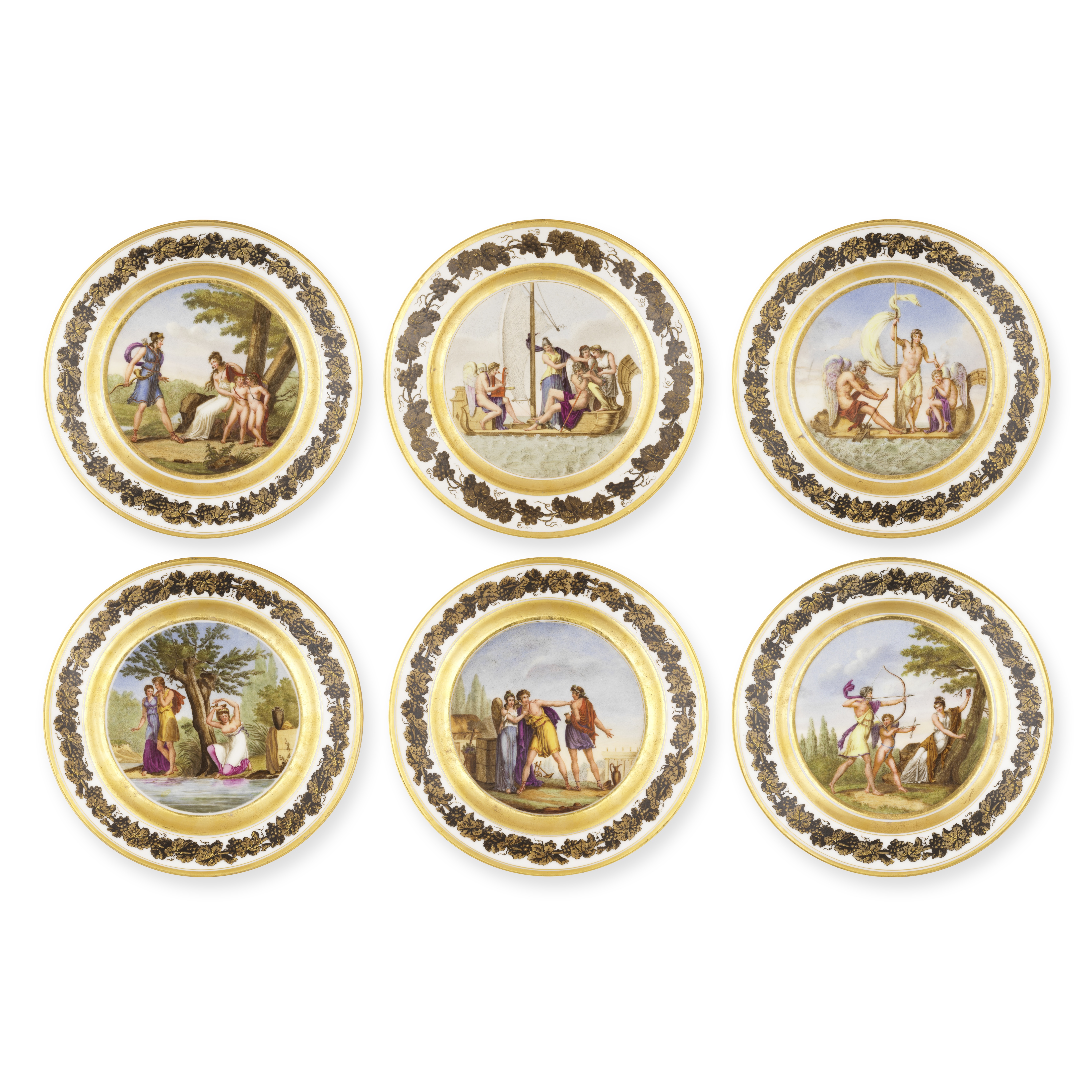 Lot de six assiettes en porcelaine de Paris, Stone Coquerel et Legroz d'Anizy, premi&#232;re moi...