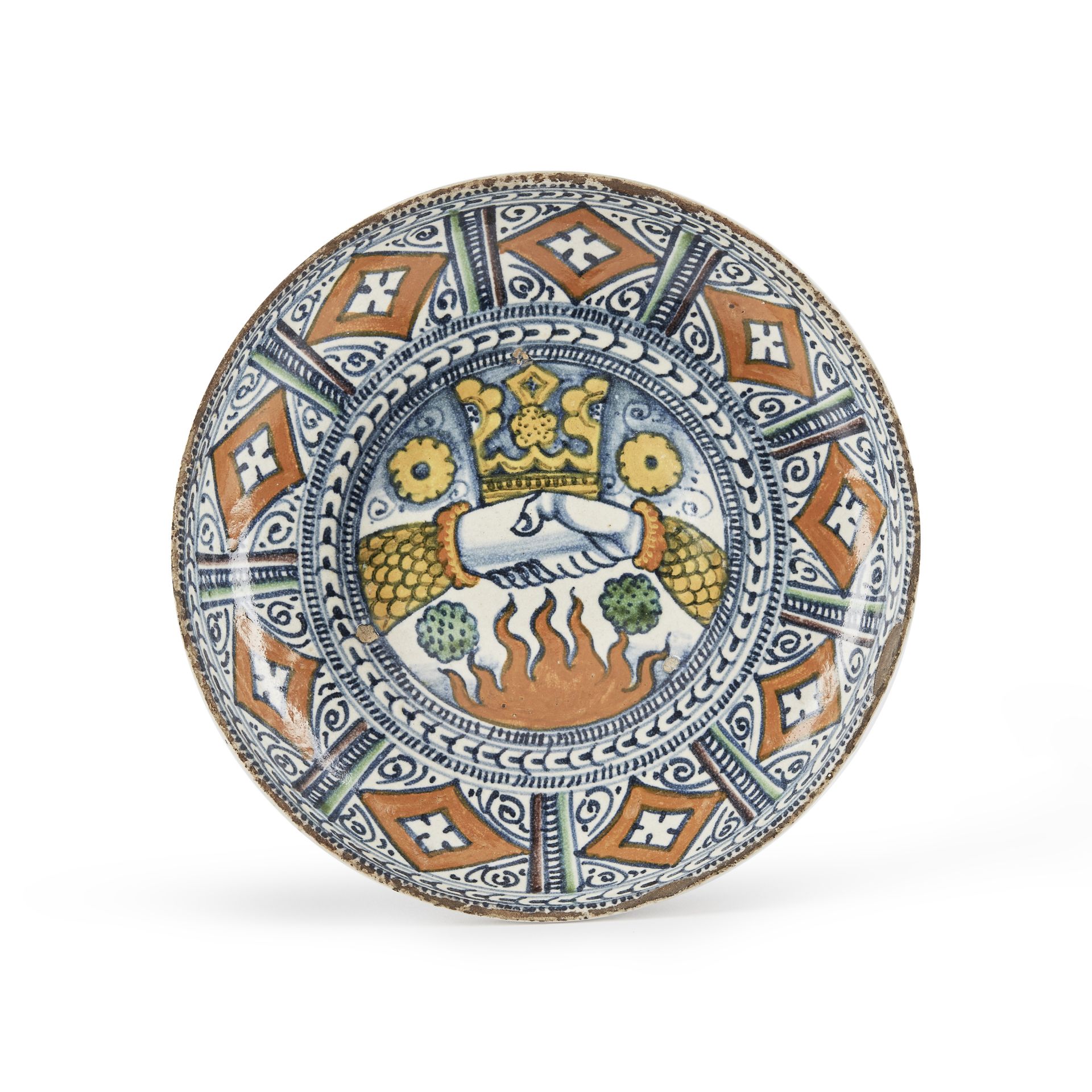 Tondino en majolique de Deruta, vers 1500-1520 A Deruta flat tondino dish, circa 1500-1520
