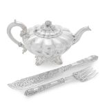 A Victorian silver teapot Robinson, Edkins & Aston, Birmingham 1839 together with a pair of silv...