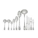 A Victorian silver Fiddle, Thread and Shell pattern table service of flatware with modern knive...