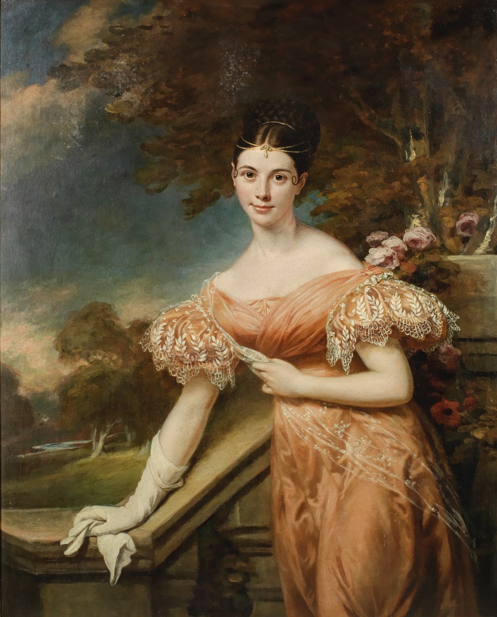 English School, 19th Century Portrait of a lady in an orange dress