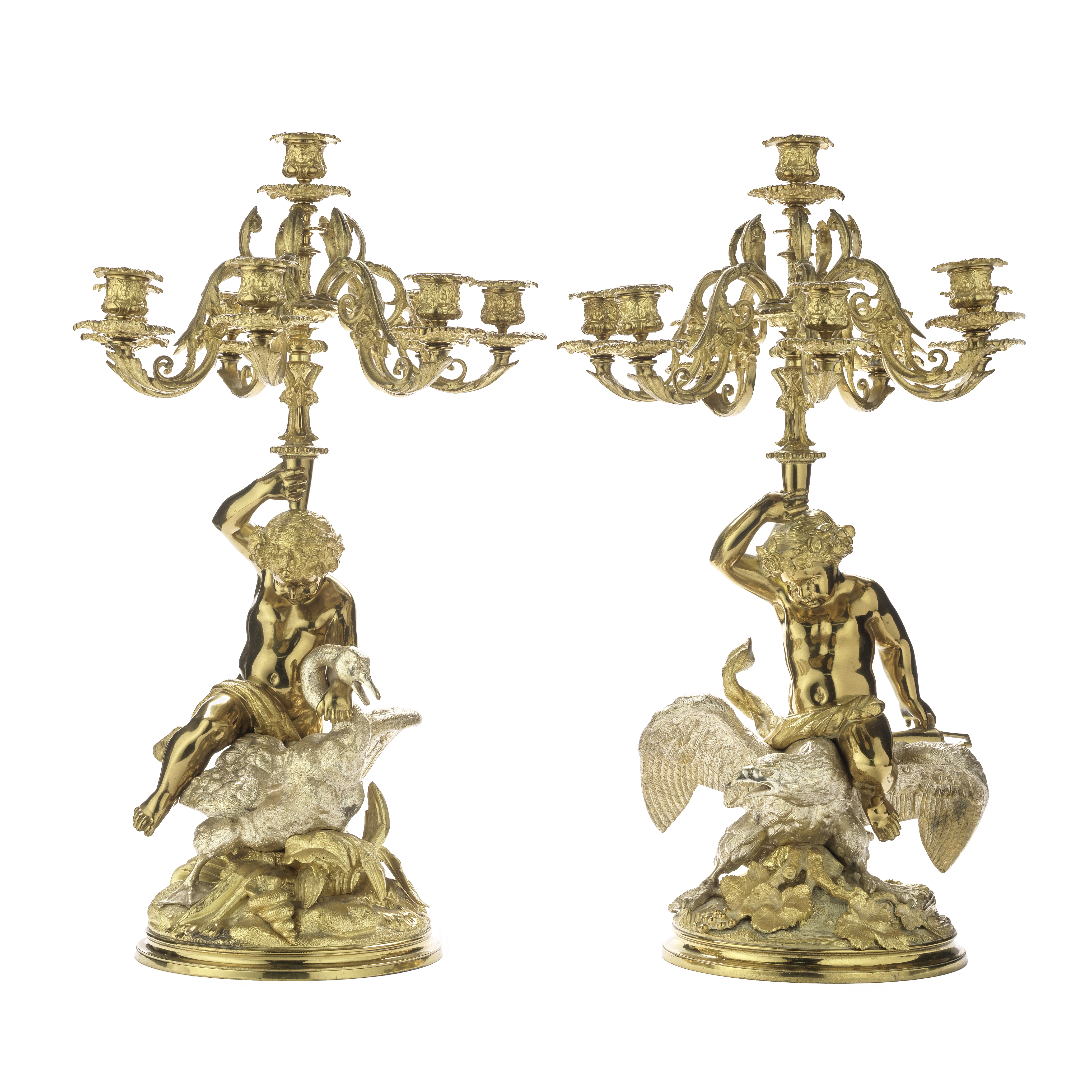 A pair of late 19th century French gilt and silvered bronze eight-light figural candelabra (2)