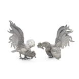 A pair of German silver table ornaments modelled as Cockerels incuse stamped Palotti, also cresc...