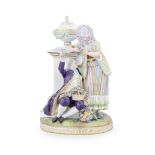 A late 19th century Meissen porcelain figural group of 'The Betrothal,' possibly outside decorat...